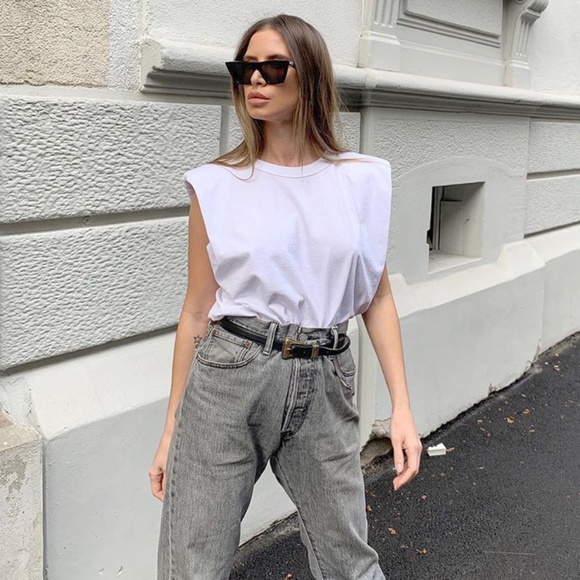 Cotton Padded Shoulders White Muscle Tee Shirt - Picture 6 of 15